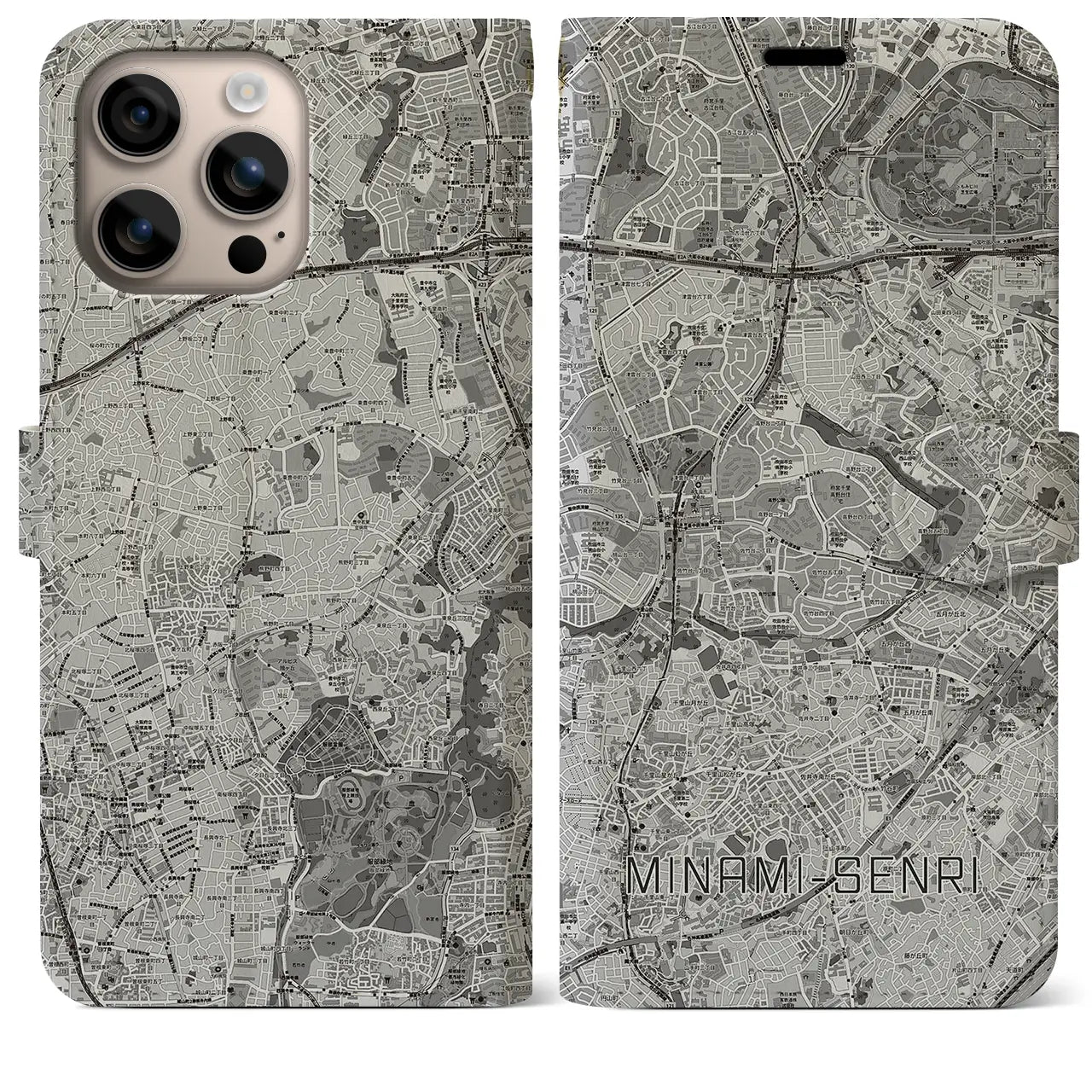 【南千里（大阪府）】地図柄iPhoneケース（手帳タイプ）モノトーン・iPhone 16 Plus 用