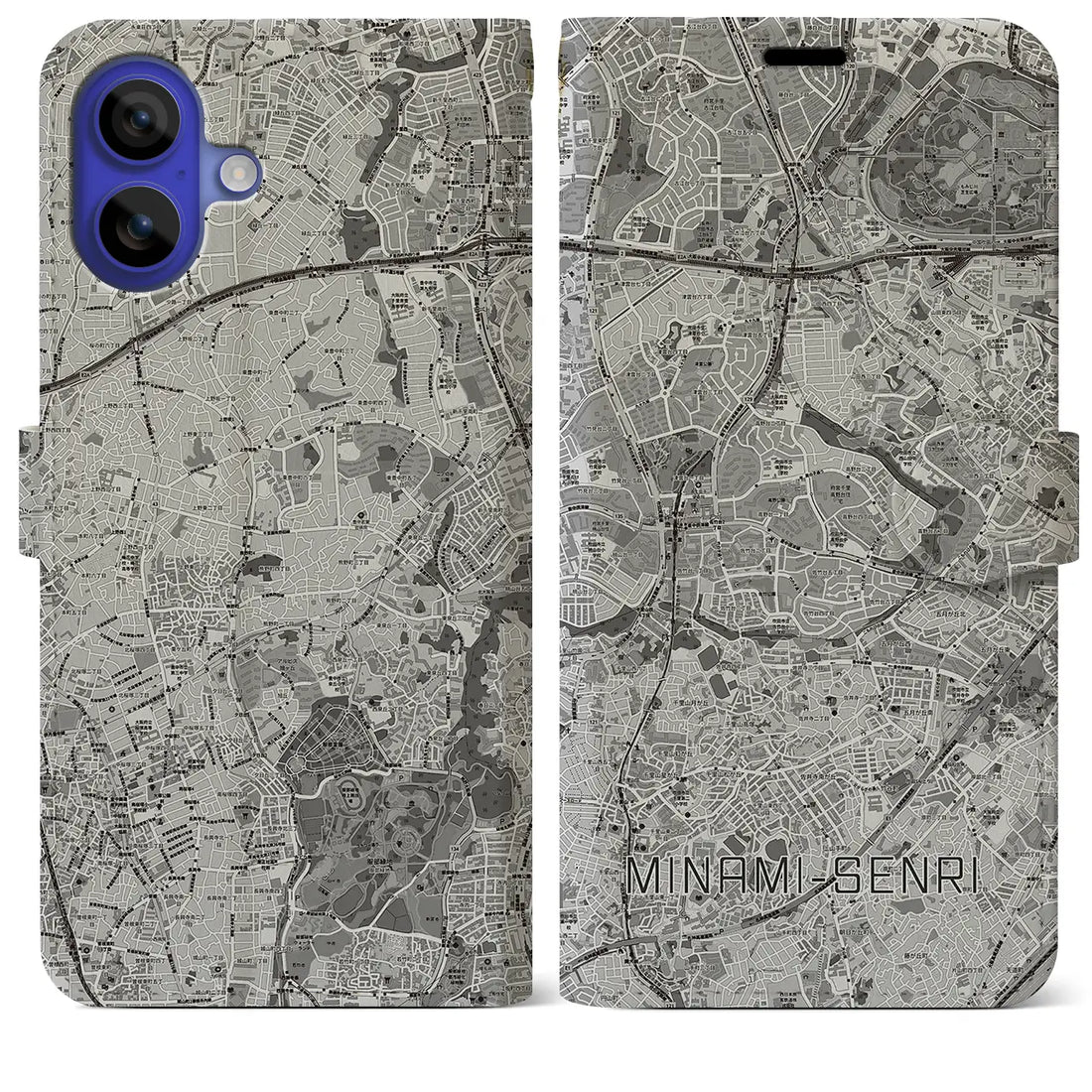 【南千里（大阪府）】地図柄iPhoneケース（手帳タイプ）モノトーン・iPhone 16 Pro Max 用