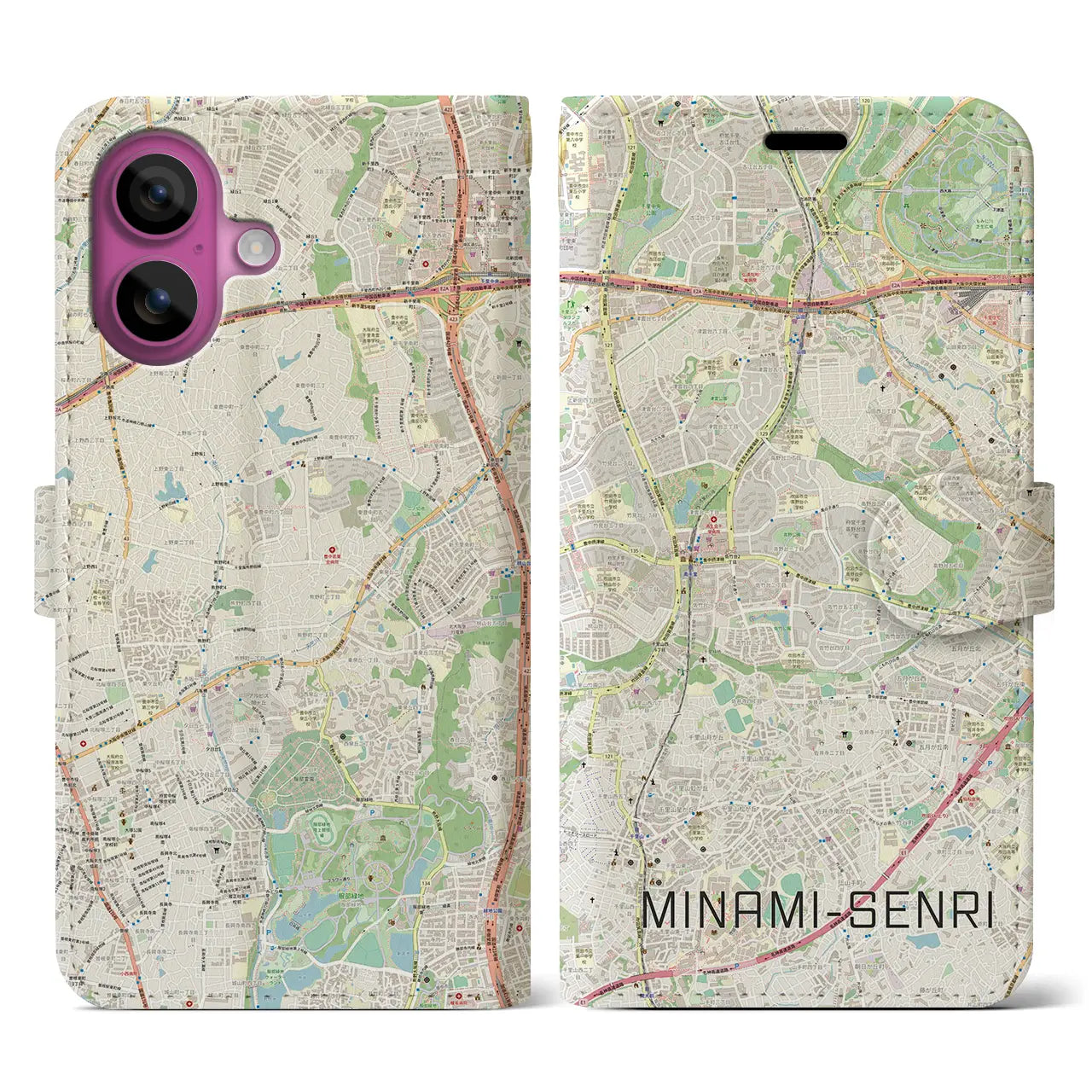 【南千里（大阪府）】地図柄iPhoneケース（手帳タイプ）ナチュラル・iPhone 16 Pro 用