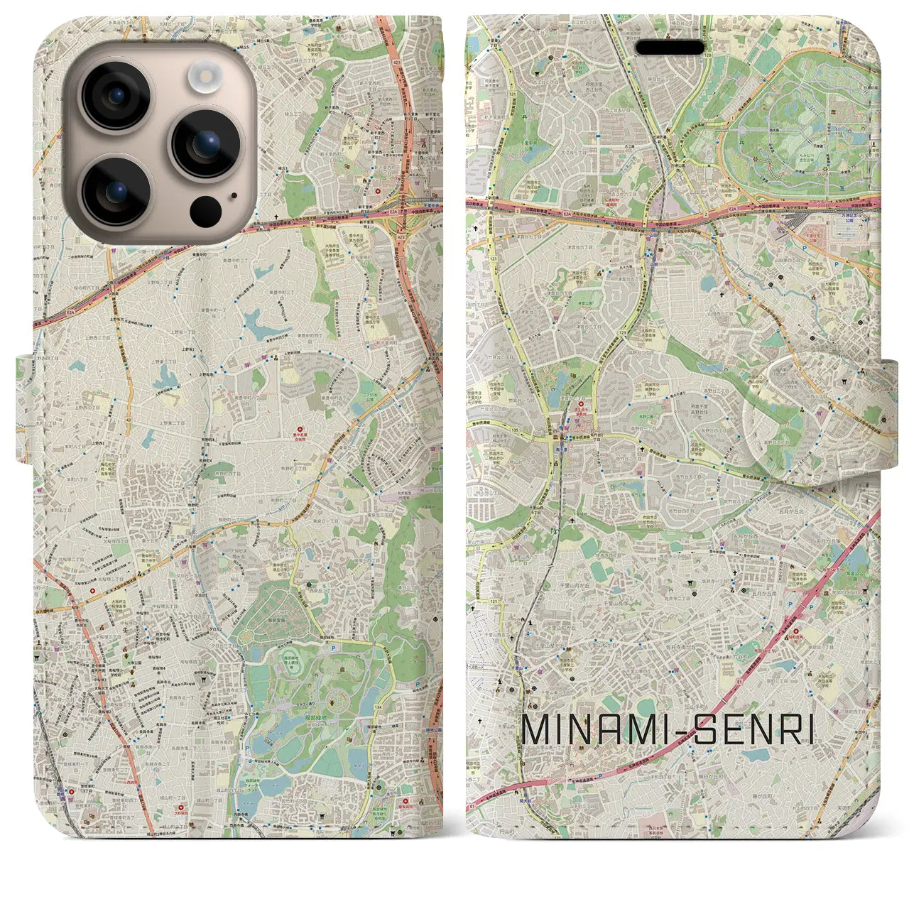 【南千里（大阪府）】地図柄iPhoneケース（手帳タイプ）ナチュラル・iPhone 16 Plus 用