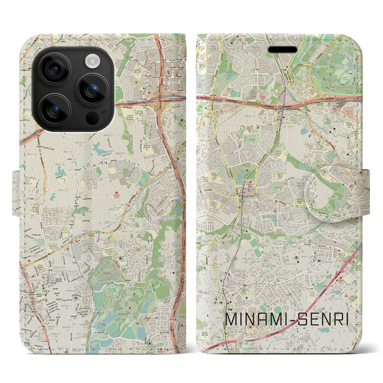 【南千里（大阪府）】地図柄iPhoneケース（手帳タイプ）ナチュラル・iPhone 16 用