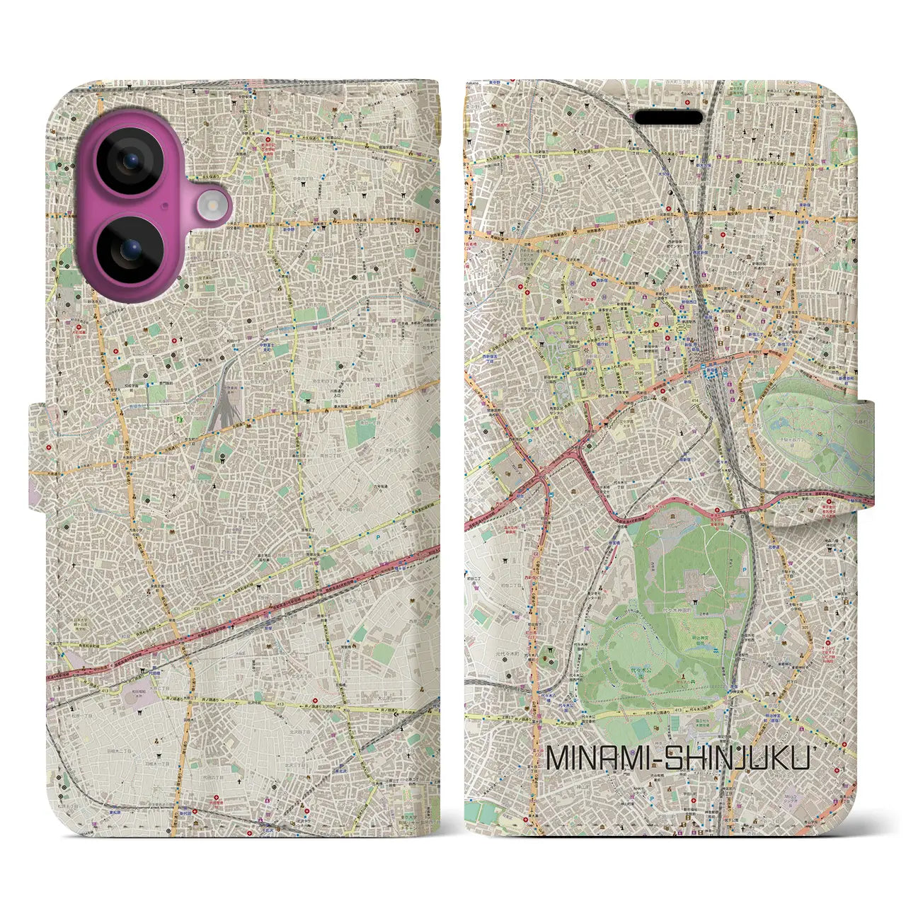 【南新宿（東京都）】地図柄iPhoneケース（手帳タイプ）ナチュラル・iPhone 16 Pro 用