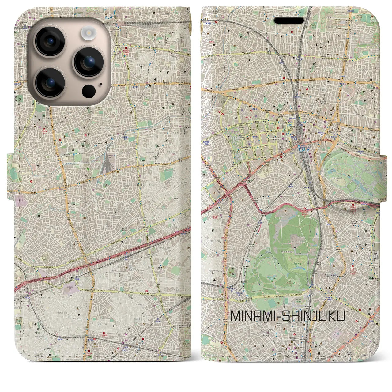 【南新宿（東京都）】地図柄iPhoneケース（手帳タイプ）ナチュラル・iPhone 16 Plus 用