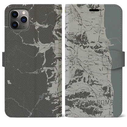 【南相馬（福島県）】地図柄iPhoneケース（手帳タイプ）モノトーン・iPhone 11 Pro Max 用