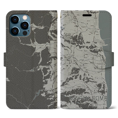 【南相馬（福島県）】地図柄iPhoneケース（手帳タイプ）モノトーン・iPhone 12 / 12 Pro 用