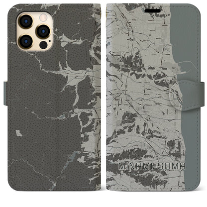 【南相馬（福島県）】地図柄iPhoneケース（手帳タイプ）モノトーン・iPhone 12 Pro Max 用