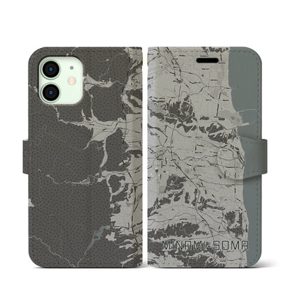【南相馬（福島県）】地図柄iPhoneケース（手帳タイプ）モノトーン・iPhone 12 mini 用