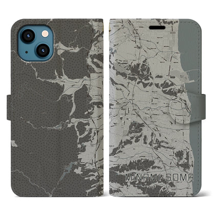 【南相馬（福島県）】地図柄iPhoneケース（手帳タイプ）モノトーン・iPhone 13 用