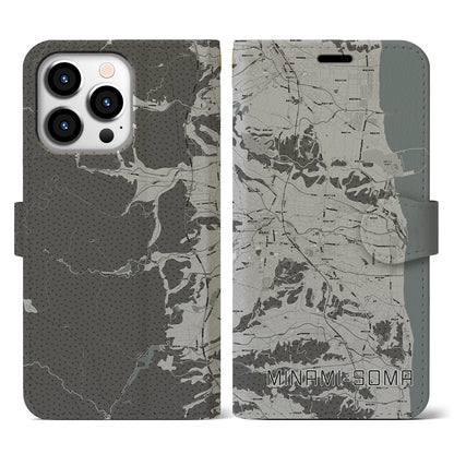 【南相馬（福島県）】地図柄iPhoneケース（手帳タイプ）モノトーン・iPhone 13 Pro 用