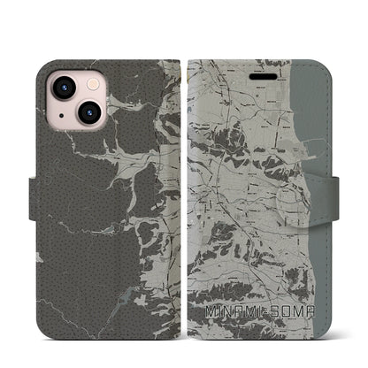 【南相馬（福島県）】地図柄iPhoneケース（手帳タイプ）モノトーン・iPhone 13 mini 用