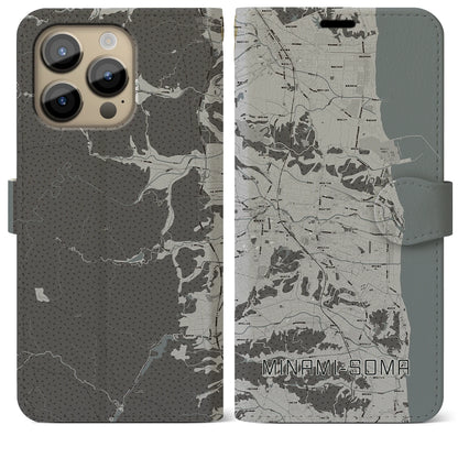【南相馬（福島県）】地図柄iPhoneケース（手帳タイプ）モノトーン・iPhone 14 Pro Max 用