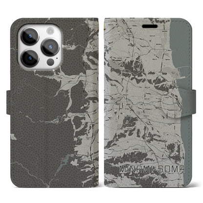 【南相馬（福島県）】地図柄iPhoneケース（手帳タイプ）モノトーン・iPhone 14 Pro 用