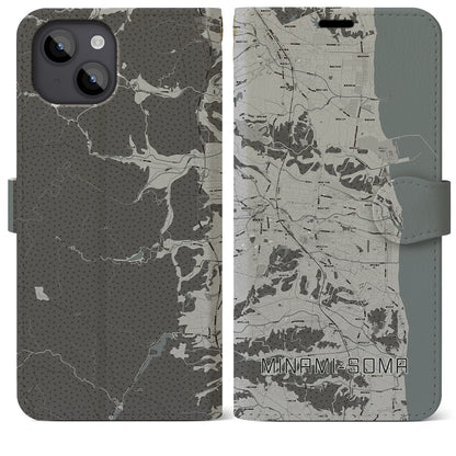 【南相馬（福島県）】地図柄iPhoneケース（手帳タイプ）モノトーン・iPhone 14 Plus 用