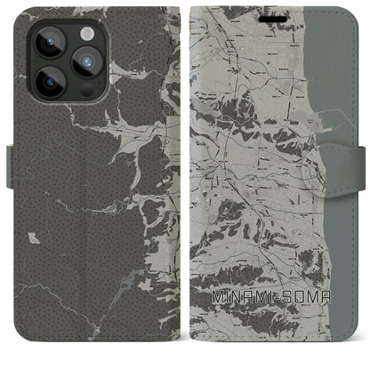 【南相馬（福島県）】地図柄iPhoneケース（手帳タイプ）モノトーン・iPhone 15 Pro Max 用