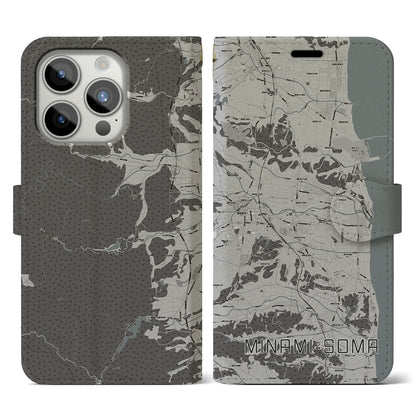 【南相馬（福島県）】地図柄iPhoneケース（手帳タイプ）モノトーン・iPhone 15 Pro 用