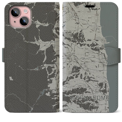 【南相馬（福島県）】地図柄iPhoneケース（手帳タイプ）モノトーン・iPhone 15 Plus 用