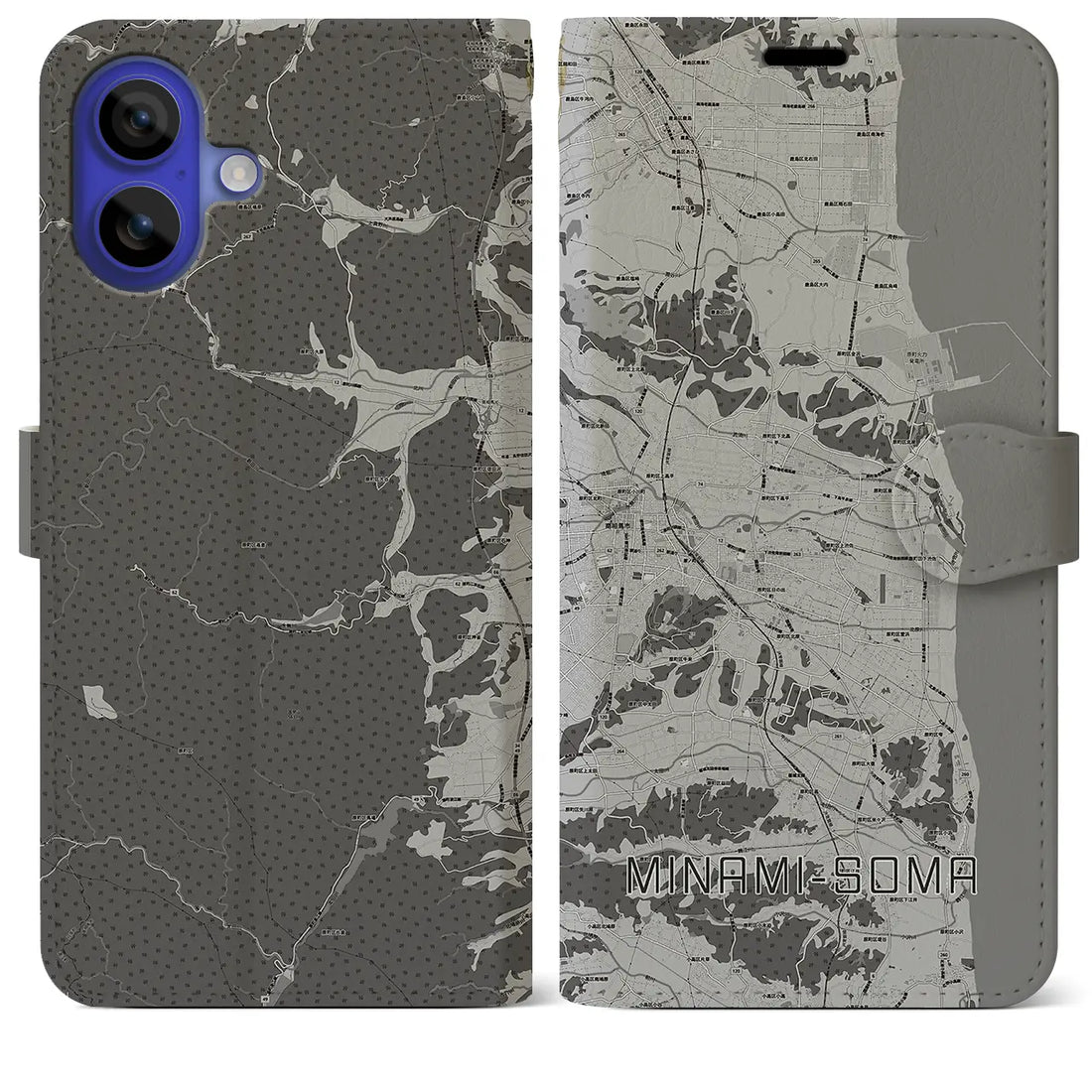 【南相馬(福島県)】地図柄iPhoneケース(手帳タイプ)モノトーン・iPhone 16 Pro Max 用