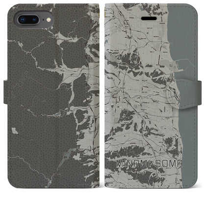 【南相馬（福島県）】地図柄iPhoneケース（手帳タイプ）モノトーン・iPhone 8Plus /7Plus / 6sPlus / 6Plus 用