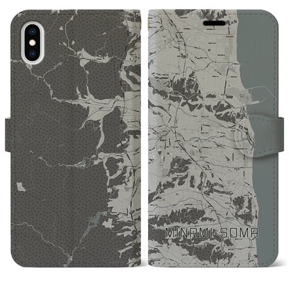 【南相馬（福島県）】地図柄iPhoneケース（手帳タイプ）モノトーン・iPhone XS Max 用