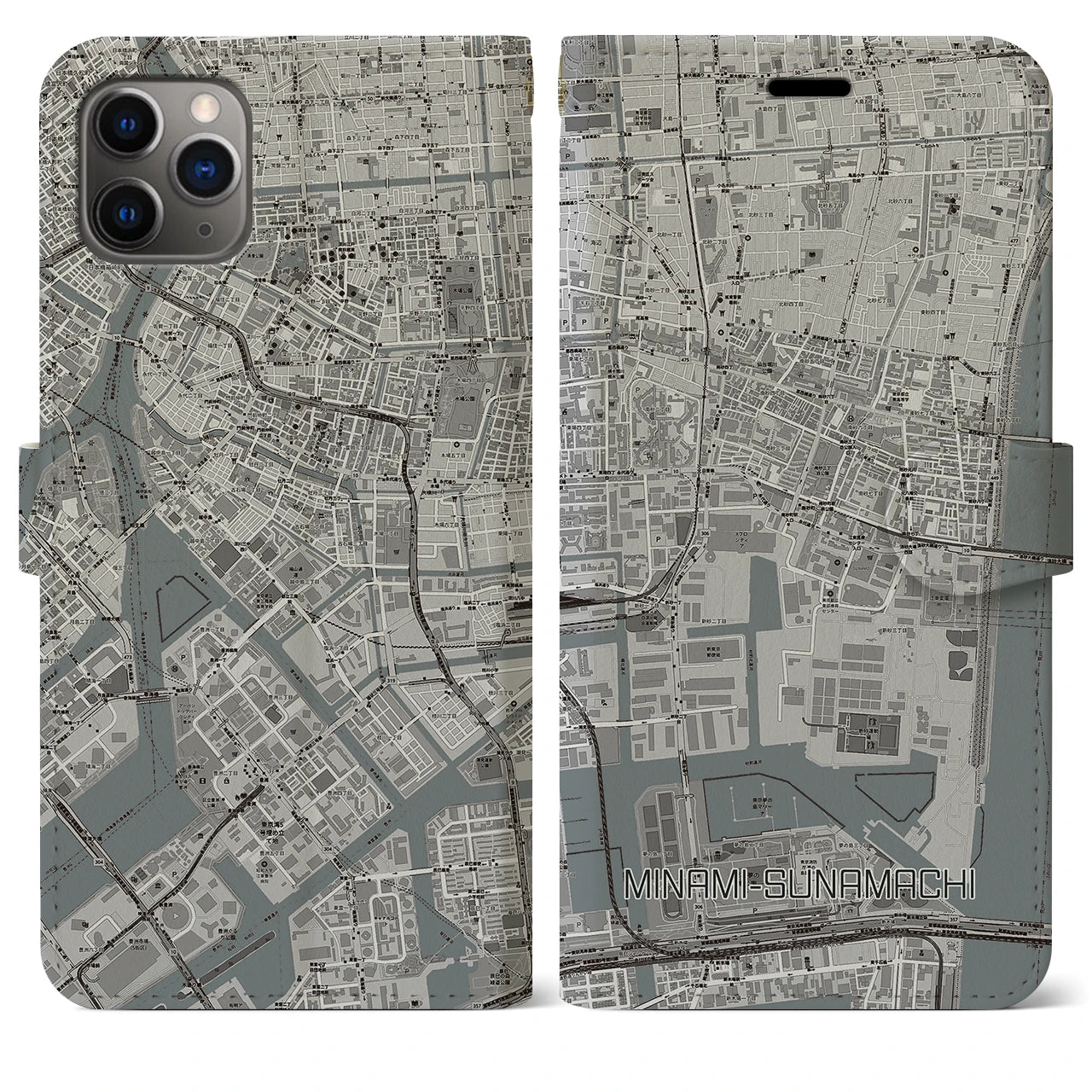 【南砂町】地図柄iPhoneケース（手帳両面タイプ・モノトーン）iPhone 11 Pro Max 用