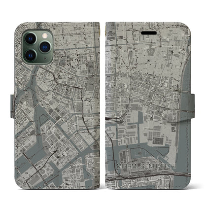 【南砂町（東京都）】地図柄iPhoneケース（手帳タイプ）モノトーン・iPhone 11 Pro 用