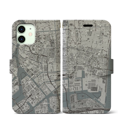 【南砂町（東京都）】地図柄iPhoneケース（手帳タイプ）モノトーン・iPhone 12 mini 用