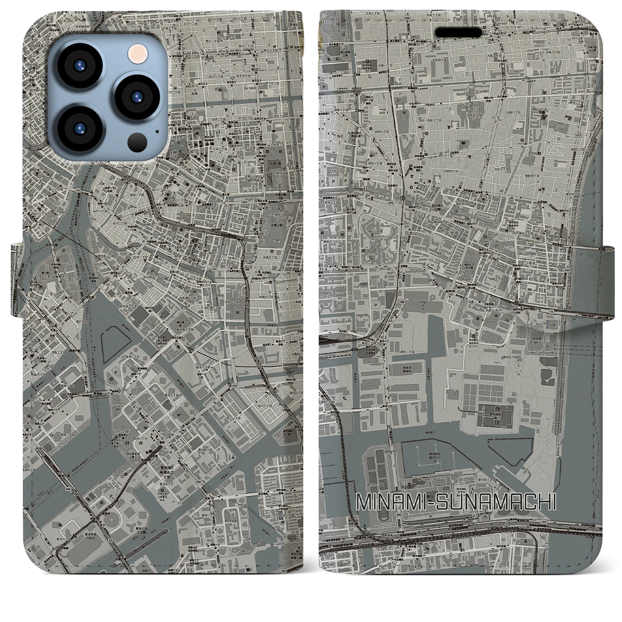 【南砂町】地図柄iPhoneケース（手帳両面タイプ・モノトーン）iPhone 13 Pro Max 用