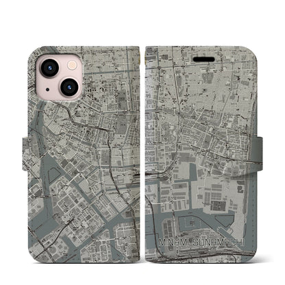 【南砂町（東京都）】地図柄iPhoneケース（手帳タイプ）モノトーン・iPhone 13 mini 用