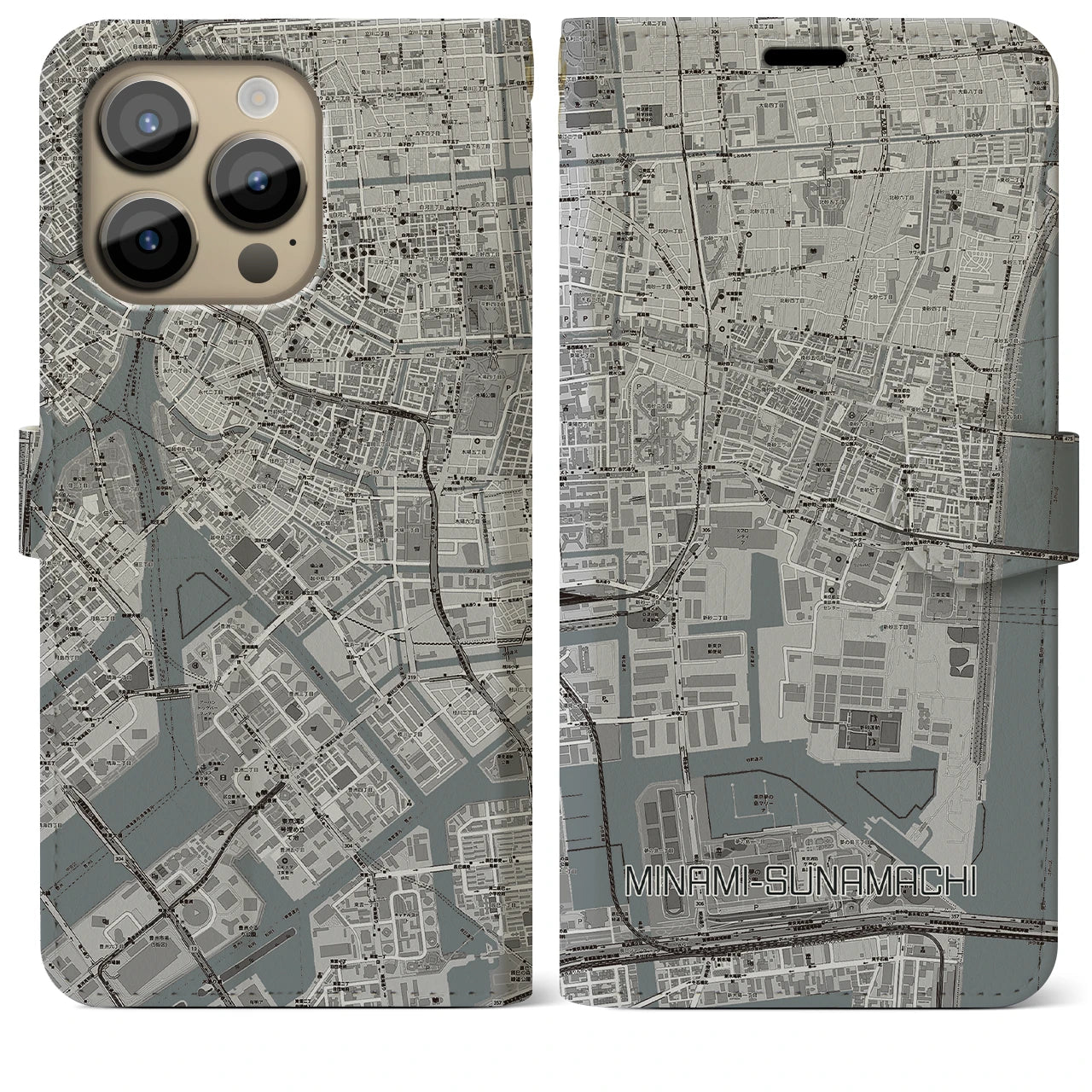【南砂町】地図柄iPhoneケース（手帳両面タイプ・モノトーン）iPhone 14 Pro Max 用