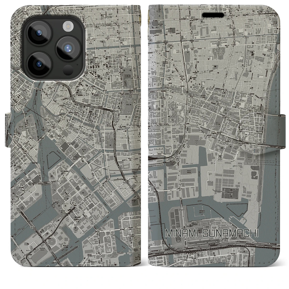 【南砂町】地図柄iPhoneケース（手帳両面タイプ・モノトーン）iPhone 15 Pro Max 用
