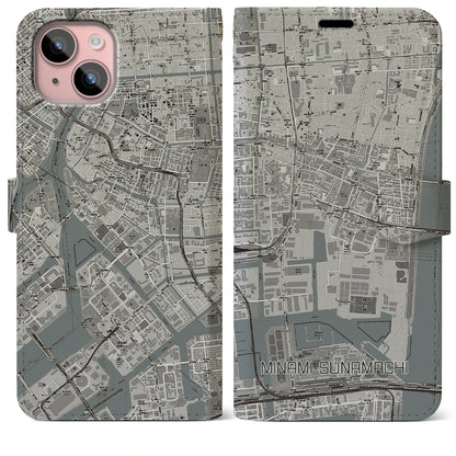 【南砂町（東京都）】地図柄iPhoneケース（手帳タイプ）モノトーン・iPhone 15 Plus 用