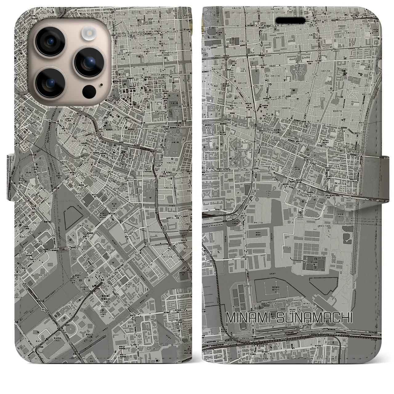 【南砂町（東京都）】地図柄iPhoneケース（手帳タイプ）モノトーン・iPhone 16 Plus 用