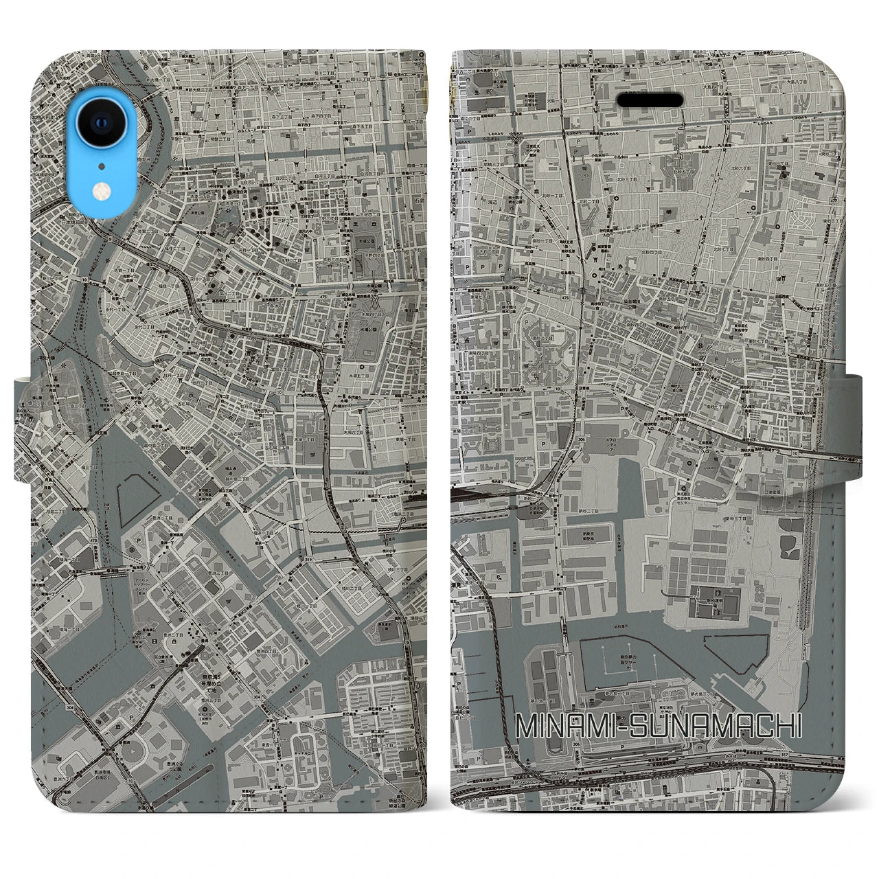 【南砂町】地図柄iPhoneケース（手帳両面タイプ・モノトーン）iPhone XR 用