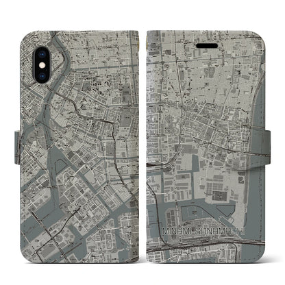 【南砂町（東京都）】地図柄iPhoneケース（手帳タイプ）モノトーン・iPhone XS / X 用