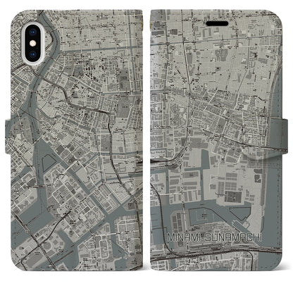 【南砂町（東京都）】地図柄iPhoneケース（手帳タイプ）モノトーン・iPhone XS Max 用