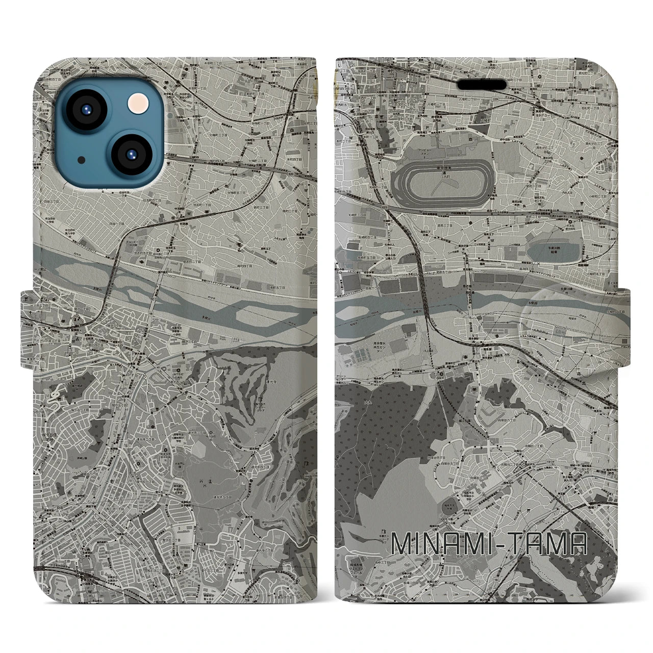 【南多摩】地図柄iPhoneケース（手帳両面タイプ・モノトーン）iPhone 13 用