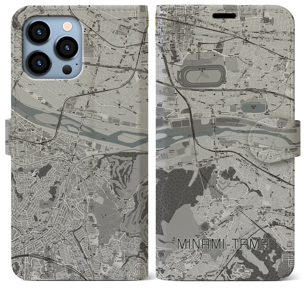 【南多摩】地図柄iPhoneケース（手帳両面タイプ・モノトーン）iPhone 13 Pro Max 用