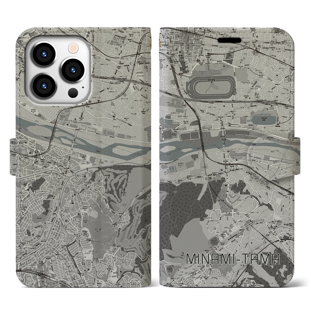 【南多摩】地図柄iPhoneケース（手帳両面タイプ・モノトーン）iPhone 13 Pro 用