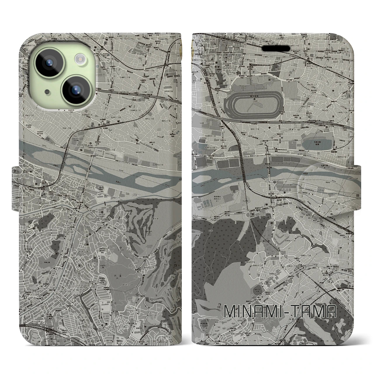 【南多摩】地図柄iPhoneケース（手帳両面タイプ・モノトーン）iPhone 15 用