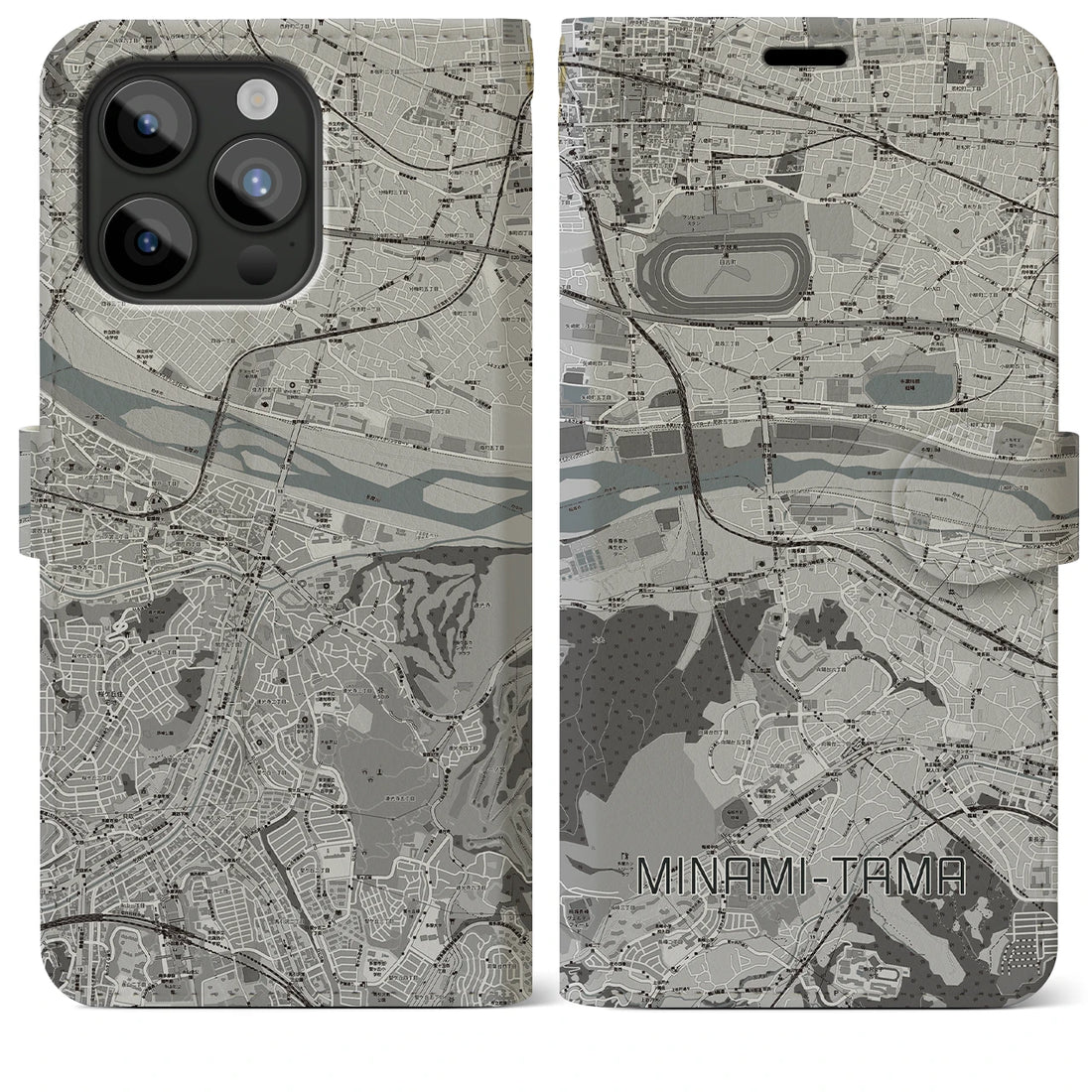 【南多摩】地図柄iPhoneケース（手帳両面タイプ・モノトーン）iPhone 15 Pro Max 用