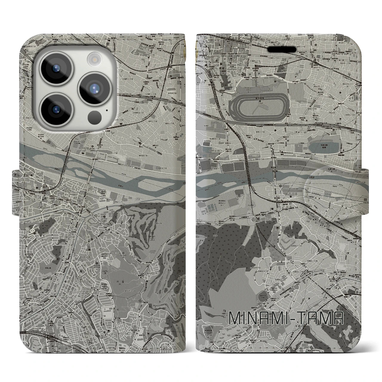 【南多摩】地図柄iPhoneケース（手帳両面タイプ・モノトーン）iPhone 15 Pro 用