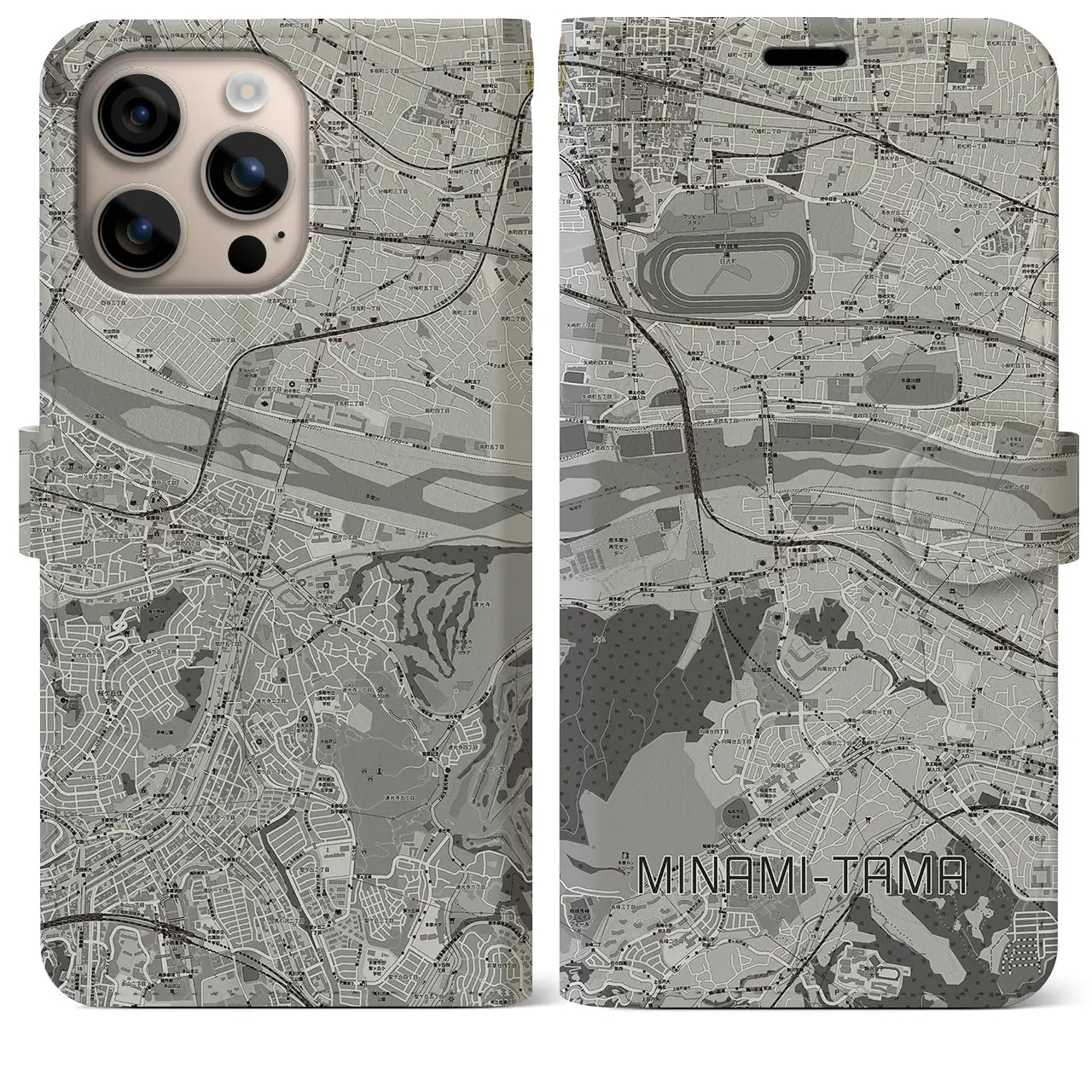 【南多摩（東京都）】地図柄iPhoneケース（手帳タイプ）モノトーン・iPhone 16 Plus 用