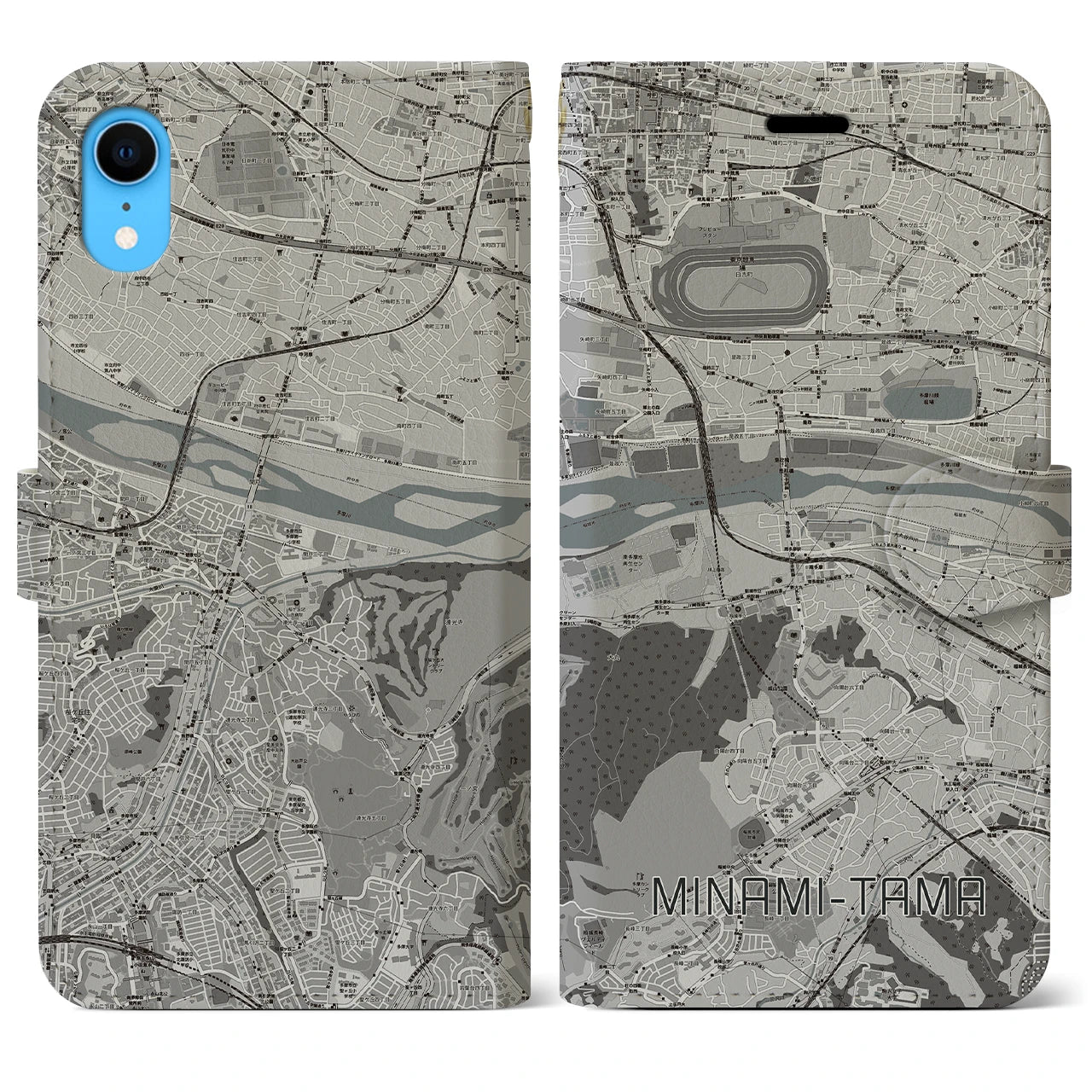 【南多摩】地図柄iPhoneケース（手帳両面タイプ・モノトーン）iPhone XR 用