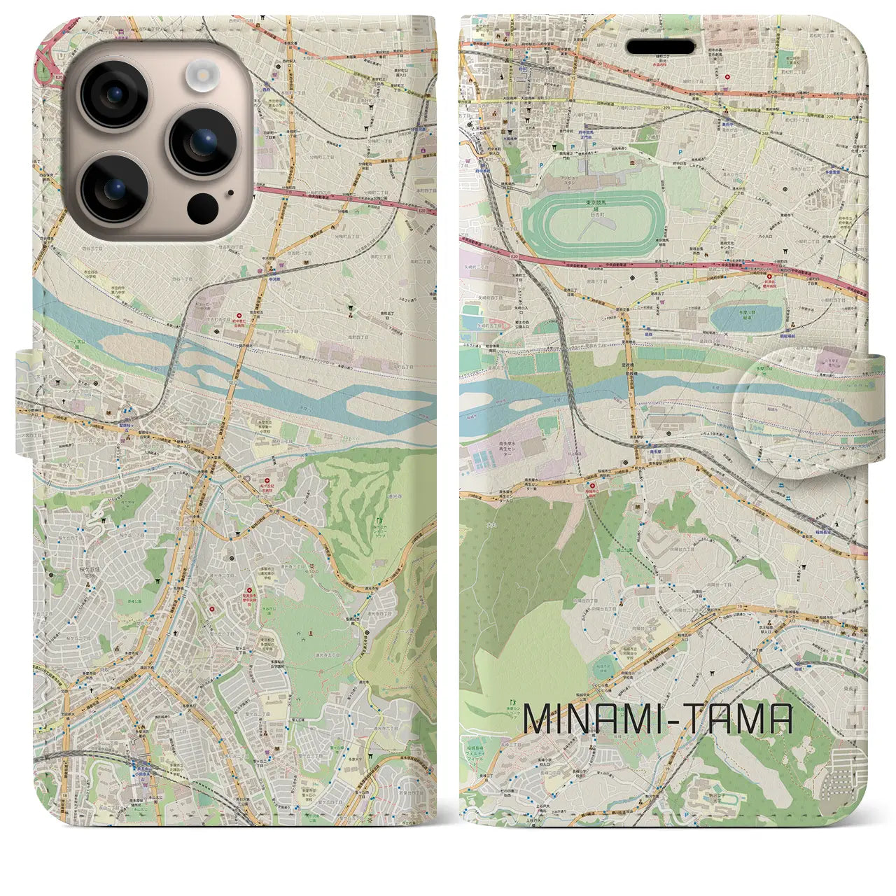 【南多摩（東京都）】地図柄iPhoneケース（手帳タイプ）ナチュラル・iPhone 16 Plus 用