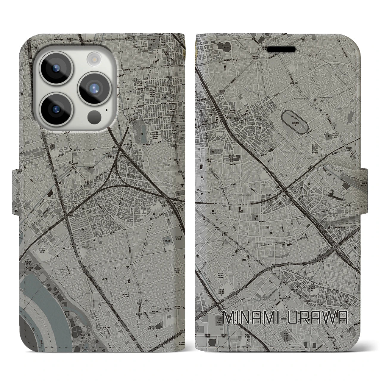 【南浦和】地図柄iPhoneケース（手帳両面タイプ・モノトーン）iPhone 15 Pro 用
