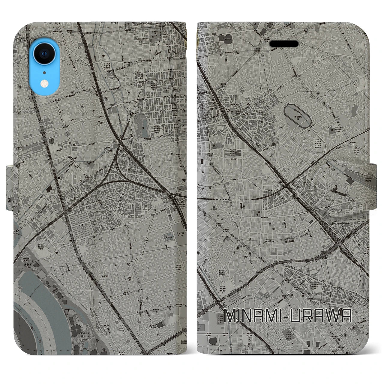 【南浦和】地図柄iPhoneケース（手帳両面タイプ・モノトーン）iPhone XR 用