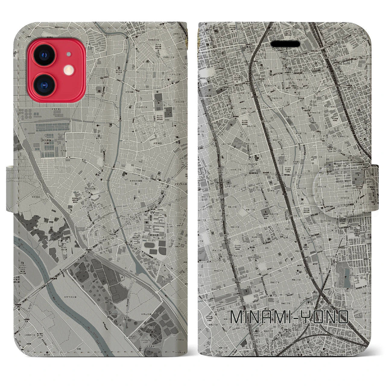 【南与野】地図柄iPhoneケース（手帳両面タイプ・モノトーン）iPhone 11 用