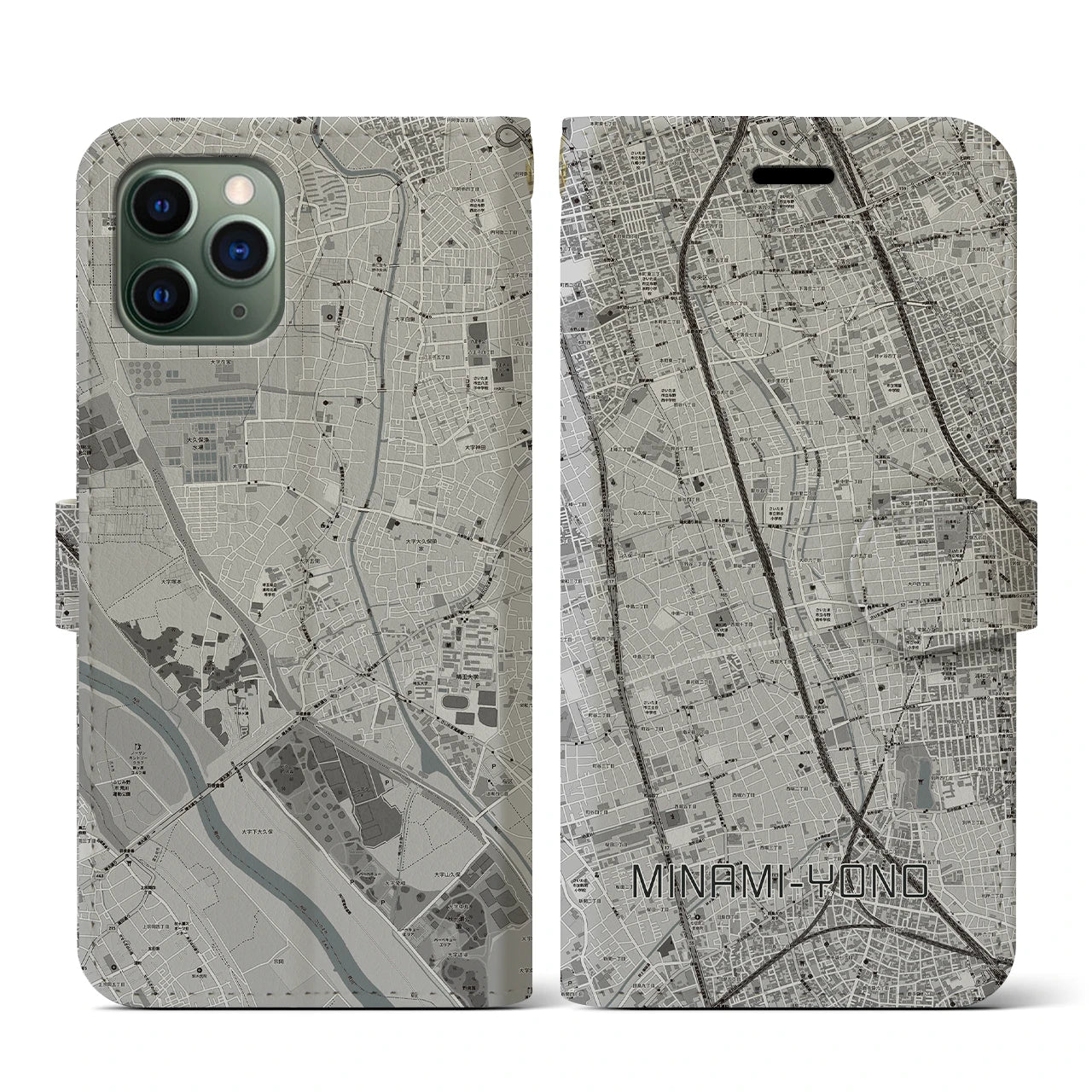 【南与野】地図柄iPhoneケース（手帳両面タイプ・モノトーン）iPhone 11 Pro 用