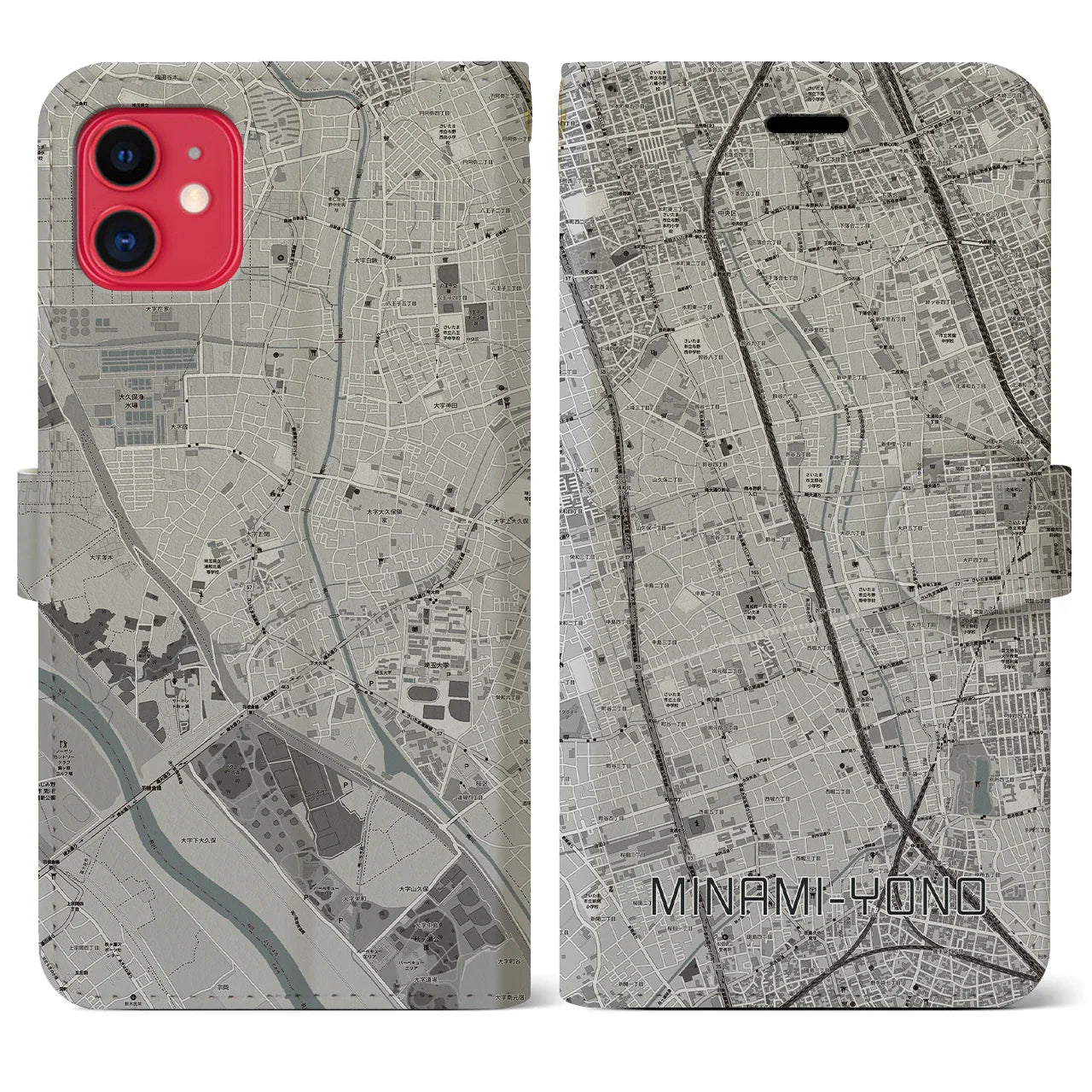 【南与野（埼玉県）】地図柄iPhoneケース（手帳タイプ）モノトーン・iPhone 11 用