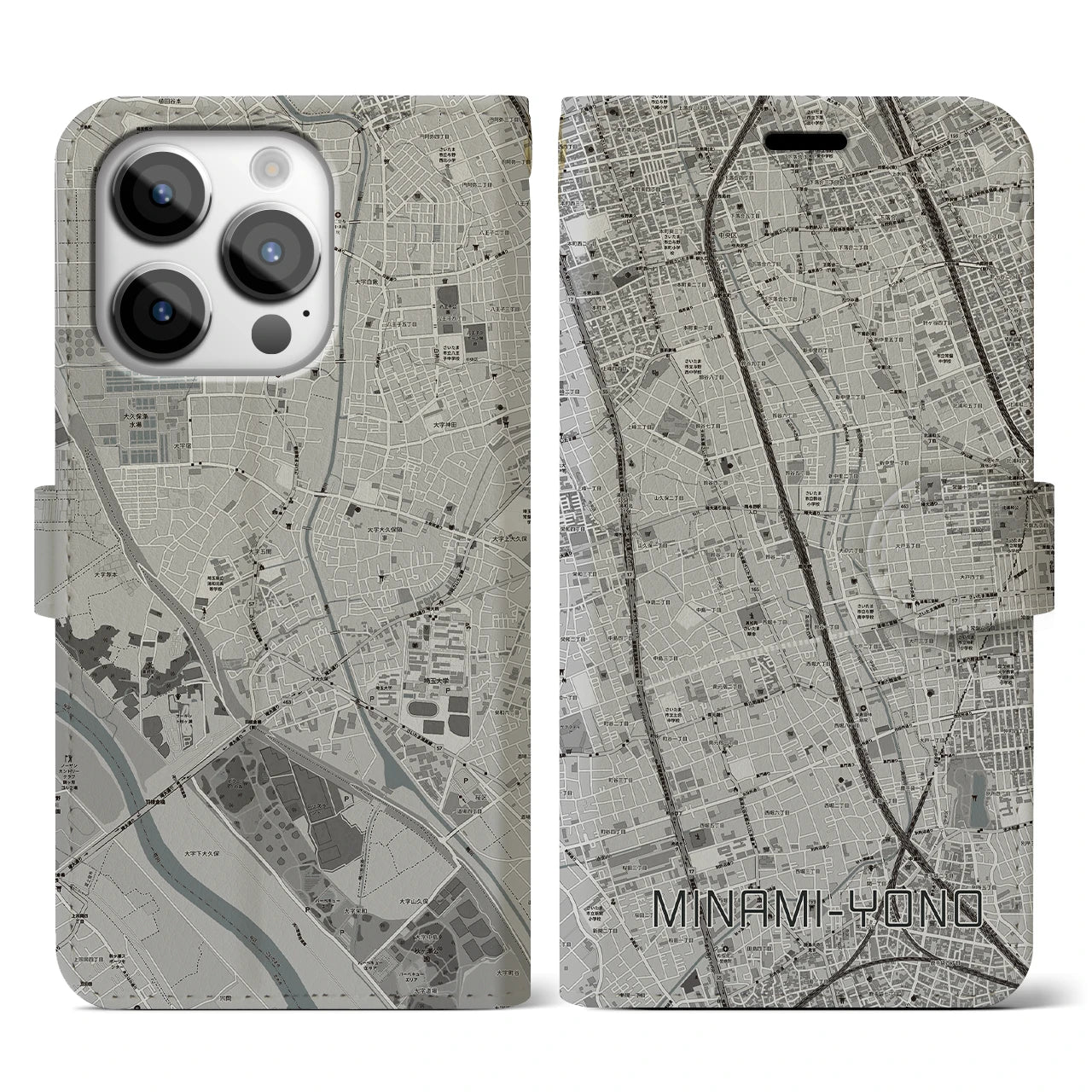【南与野】地図柄iPhoneケース（手帳両面タイプ・モノトーン）iPhone 14 Pro 用
